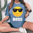 Girl & Boy Boss サングラス 顔文字シャツ クールな顔 レディースオーバーサイズコンフォートTシャツ Blue Jean