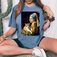 Girl With A Pearl Earring And A Cat 名画パロディ アート猫 レディースオーバーサイズコンフォートTシャツ Blue Jean