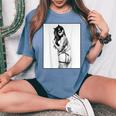 Hot Girl On 男性用 セクシー バッド キティ ピンナップガール B&W レディースオーバーサイズコンフォートTシャツ Blue Jean