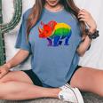 Lgbt 力強い虹色のサイ Rainbow Rhinoceros Graphic レディースオーバーサイズコンフォートTシャツ Blue Jean