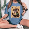 アライグマ 男性 女性 かわいい 食べる ラーメン 和 タヌキ レディースオーバーサイズコンフォートTシャツ Blue Jean