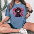 カワイイ アニメ ゴシック 猫 女の子 ちび 反社会的 メンヘラ グランジ レディースオーバーサイズコンフォートTシャツ Blue Jean