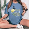 キリスト教聖書の言葉 蝶 バラの花 ヨハネ3 レディースオーバーサイズコンフォートTシャツ Blue Jean