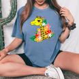 キリン 花 Giraffes Flower レディースオーバーサイズコンフォートTシャツ Blue Jean