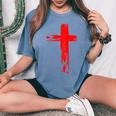 タトゥーレッドクロスオーダー I Christian I Brushtroke I Cross レディースオーバーサイズコンフォートTシャツ Blue Jean