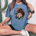 ヴィンテージ 薔薇 花 花 イラスト 花 レディースオーバーサイズコンフォートTシャツ Blue Jean