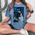 星月夜のパピヨン 絵画 犬 お母さん お父さん レディースオーバーサイズコンフォートTシャツ Blue Jean