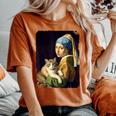 Girl With A Pearl Earring And A Cat 名画パロディ アート猫 レディースオーバーサイズコンフォートTシャツ Yam
