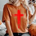タトゥーレッドクロスオーダー I Christian I Brushtroke I Cross レディースオーバーサイズコンフォートTシャツ Yam