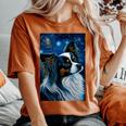 星月夜のパピヨン 絵画 犬 お母さん お父さん レディースオーバーサイズコンフォートTシャツ Yam