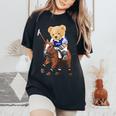 Cool Teddy Bear Playing Horse Polo Game Illustration Graphic レディースオーバーサイズコンフォートTシャツ Black