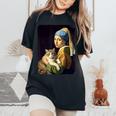 Girl With A Pearl Earring And A Cat 名画パロディ アート猫 レディースオーバーサイズコンフォートTシャツ Black