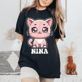 Nina かわいい猫 子猫デザイン 女の子 名前 ニーナ レディースオーバーサイズコンフォートTシャツ Black