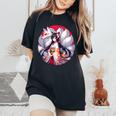 キツネ 九尾狐と日本アニメ 女の子 レディースオーバーサイズコンフォートTシャツ Black