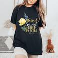 キリスト教聖書の言葉 蝶 バラの花 ヨハネ3 レディースオーバーサイズコンフォートTシャツ Black