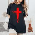 タトゥーレッドクロスオーダー I Christian I Brushtroke I Cross レディースオーバーサイズコンフォートTシャツ Black