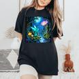 ファンタジー グリーン 鳥 花 レディースオーバーサイズコンフォートTシャツ Black