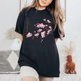 ヴィンテージ桜 日本の桜の花グラフィカルアート レディースオーバーサイズコンフォートTシャツ Black