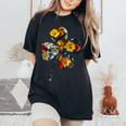 四つ葉のクローバーのシルエット 花 植物 花柄 レディースオーバーサイズコンフォートTシャツ Black