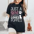 子犬 女の子 犬好き キュート ピンク 足跡プリント デザイン レディースオーバーサイズコンフォートTシャツ Black