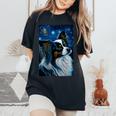 星月夜のパピヨン 絵画 犬 お母さん お父さん レディースオーバーサイズコンフォートTシャツ Black