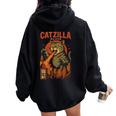 Catzilla Japanese Cat Cat Graphic Women Oversized Hoodie Back Print Black