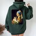 Girl With A Pearl Earring And A Cat 名画パロディ アート猫 レディース オーバーサイズ パーカー バックプリント Navy Blue