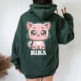 Nina かわいい猫 子猫デザイン 女の子 名前 ニーナ レディース オーバーサイズ パーカー バックプリント Navy Blue
