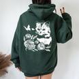バラと蝶の猫、花柄 レディース オーバーサイズ パーカー バックプリント Navy Blue