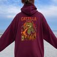Catzilla Japanese Cat Cat Graphic Women Oversized Hoodie Back Print Maroon