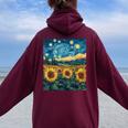 Sunflower Floral Flower Van Gogh Style Starry Night Graphic Women Oversized Hoodie Back Print Maroon