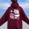 バラと蝶の猫、花柄 レディース オーバーサイズ パーカー バックプリント Maroon