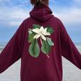 白モクレン花 ボタニカルアート レディース オーバーサイズ パーカー バックプリント Maroon