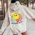 Grow Positive Thoughts イエロー スマイルフェイス 花 キッズ 女の子 レディース オーバーサイズ パーカー バックプリント Sand