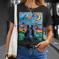 Aja 星月夜に2匹の黒猫 カラフルアート Tシャツ 彼女への贈り物