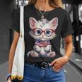 Gatito Patriótico Con Gafas Rojo Blanco Azul Camiseta unisex Regalos para ella