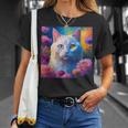 「お花畑のルディ猫」 油絵風ファンタジーアート 綺麗 かわいい オッドアイ リアル Tシャツ 彼女への贈り物
