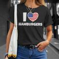 アメリカ国旗とハートのアイ・ラブ・ハンバーガー Tシャツ 彼女への贈り物