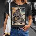 エレキギターを弾く日本の侍猫 浮世墨アート Tシャツ 彼女への贈り物