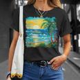 トロピカルビーチ 太陽 オーシャン ヤシの木 ゴッホスタイル アートデザイン Tシャツ 彼女への贈り物