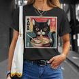 ラーメンと黒猫 和風ビンテージ Tシャツ 彼女への贈り物