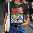 江戸日本 浮世白斎 赤富士山・津波 Tシャツ 彼女への贈り物