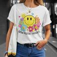 Grow Positive Thoughts イエロー スマイルフェイス 花 キッズ 女の子 Tシャツ 彼女への贈り物