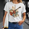 ギターを弾く日本の侍猫 忍者 浮世絵 アニメ Tシャツ 彼女への贈り物