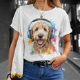 ゴールデンドゥードル、ヘッドフォン、犬、動物プリント Tシャツ 彼女への贈り物