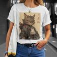 ヴィンテージ 日本の風景 侍 猫 漢字 Art Back Tシャツ 彼女への贈り物