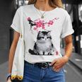 日本の墨絵マンチキン猫 桜 桜アート Tシャツ 彼女への贈り物