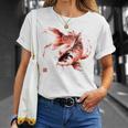 鯉 赤黒 アクアリウム ニシキゴイ 観賞魚 イラスト バックプリント Tシャツ 彼女への贈り物