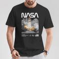 Nasa スペースシャトル打ち上げカラーの黒と白のワームロゴ Tシャツ 面白い贈り物