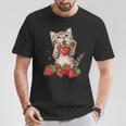 いちご 猫 いちご フルーツ ネコ アニマル プリント 図面 Tシャツ 面白い贈り物
